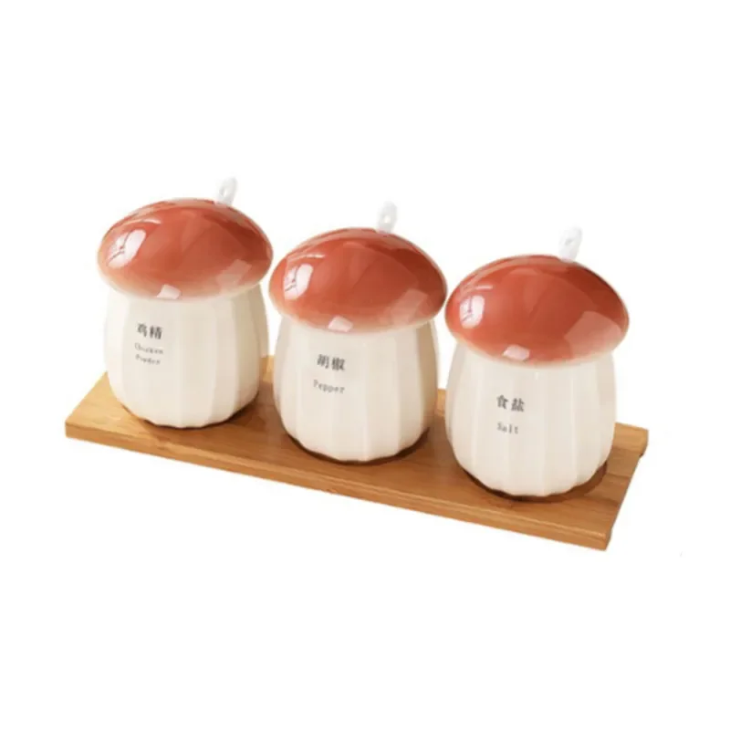 Cute Mushroom Shape Spice Jar Set Ceramic Three-piece Salt Sugar Pepper Storage Home Kitchen Decoration Seasoning