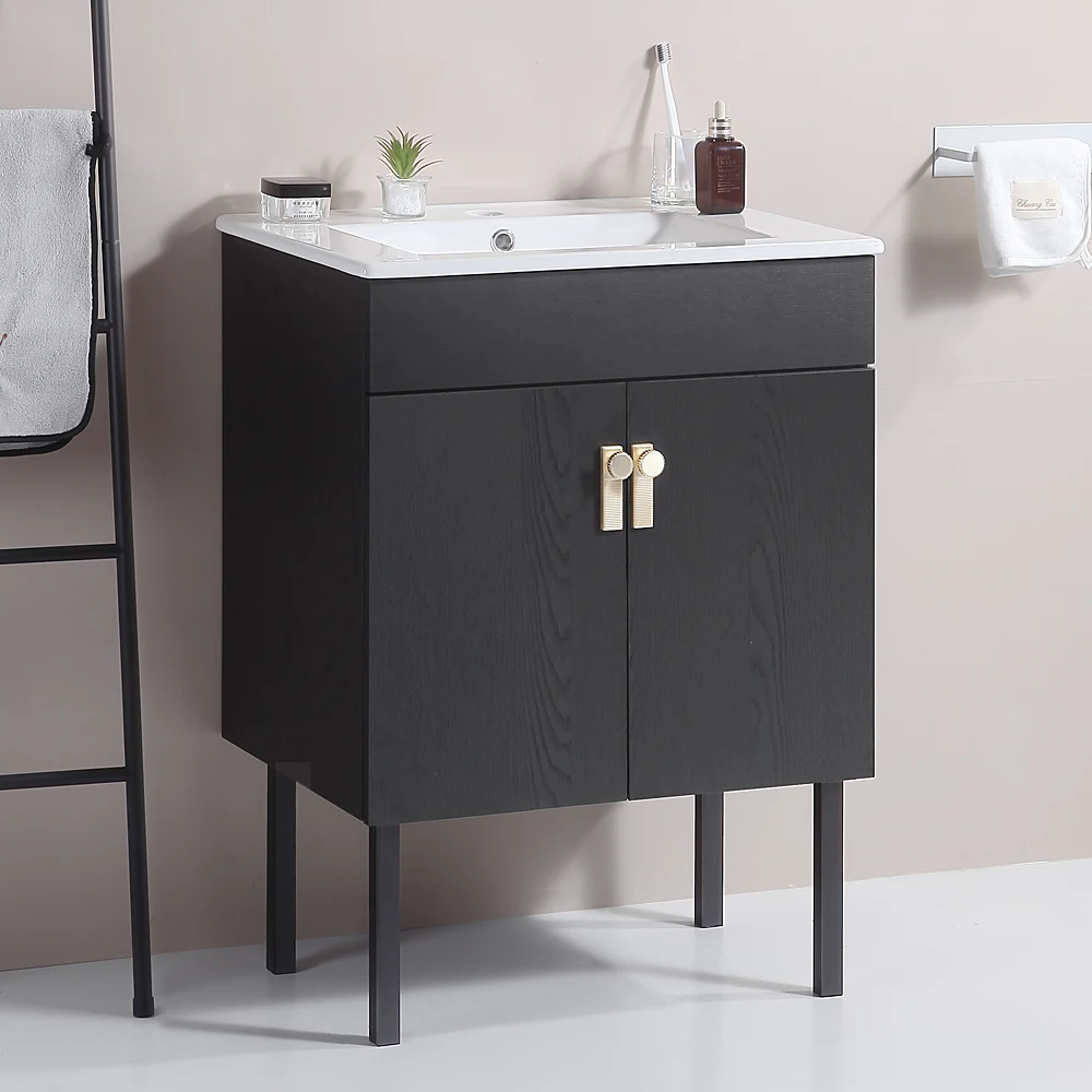 

24" Bathroom Vanity with Metal Leg,with White Ceramic Basin,Two Soft Close Cabinet Doors, Solid Wood,Excluding faucets,Black