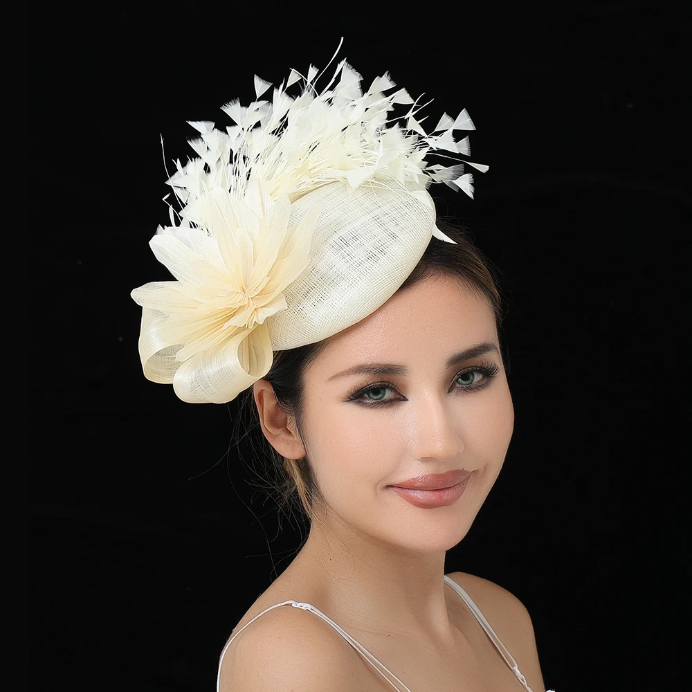 Women's High-Quality Sinamay Silk-Linen Fascinator Hat Headband with Flower Hair bands Cocktail Wedding Bride Feather Headwear