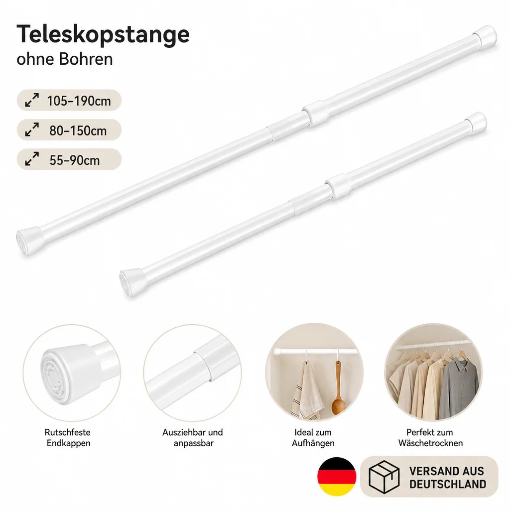 2/6er-Pack Weiße, bohrfreie Spannstange, kurz und lang verstellbar, Teleskopstange für Fenster oder Duschvorhang, 55-90/80-150/105-190cm Federstange für Kleiderschrank, Garderobe, Küche, zum Aufhängen