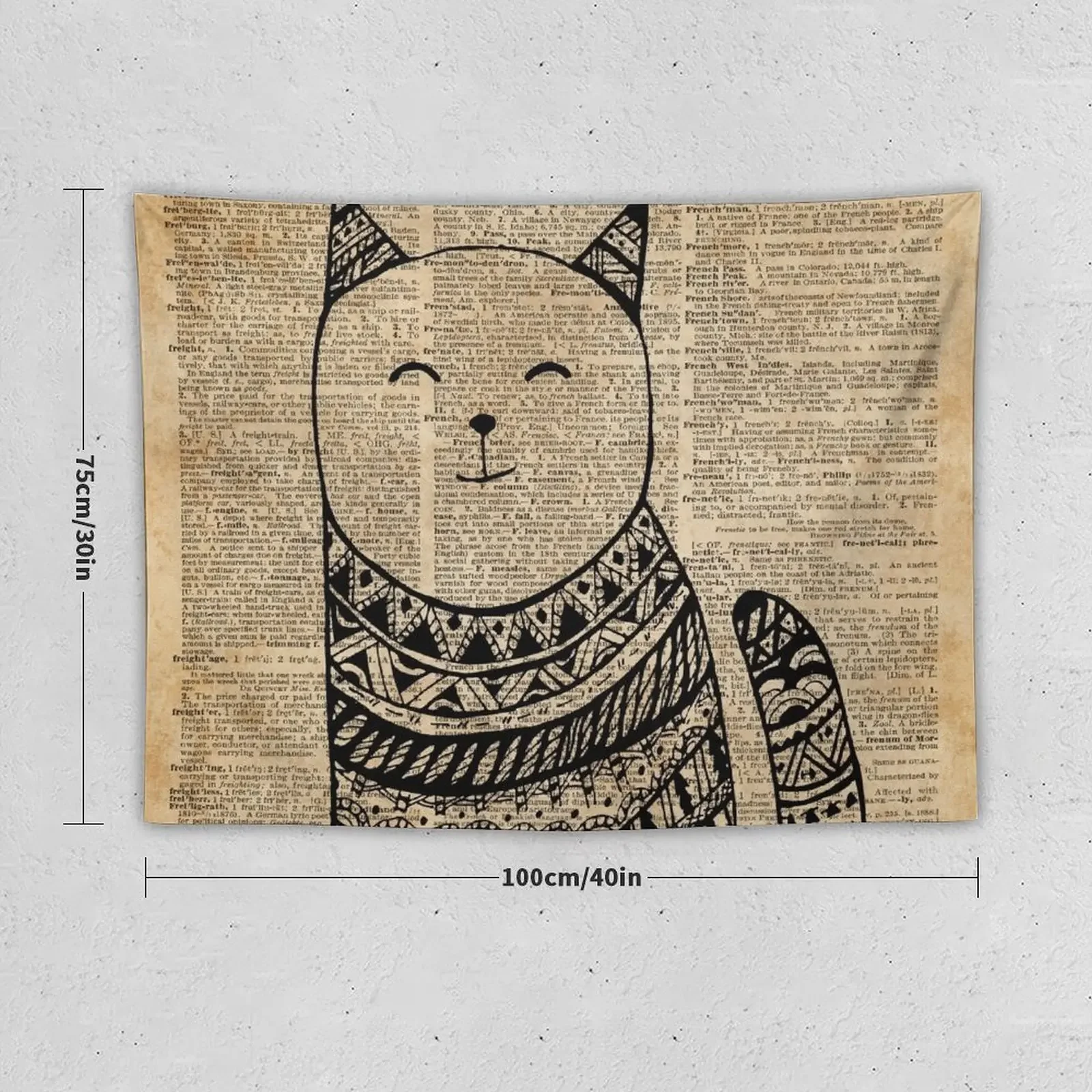 Smiling Cat Pen & Ink Zentagle Dictionary Art Tapestry Home Decor Aesthetic Decor For Bedroom Tapestry