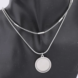 2pcs Stainless Steel Double Chain Necklace Bezel Blanks Fit 20mm Cabochon Pendant Base Setting Trays Diy Jewelry Making Findings