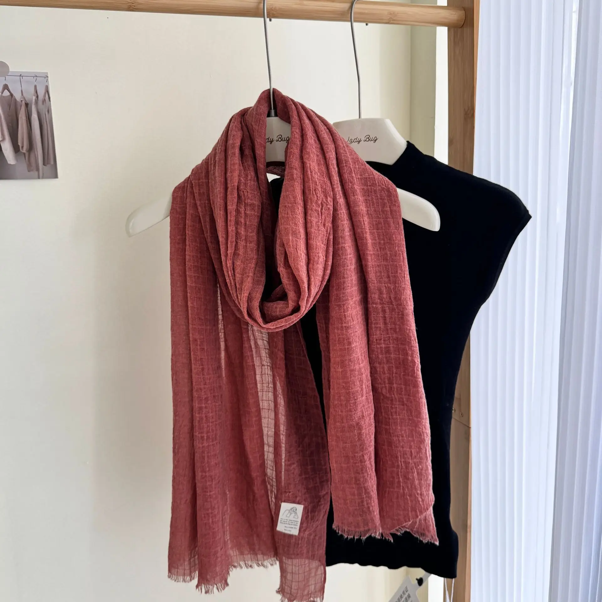 Cotton Linen Scarf Pleated Waffle Texture Women's Spring and Autumn Thin Solid Color Cotton Yarn Shawl Dual-purpose Long Winter