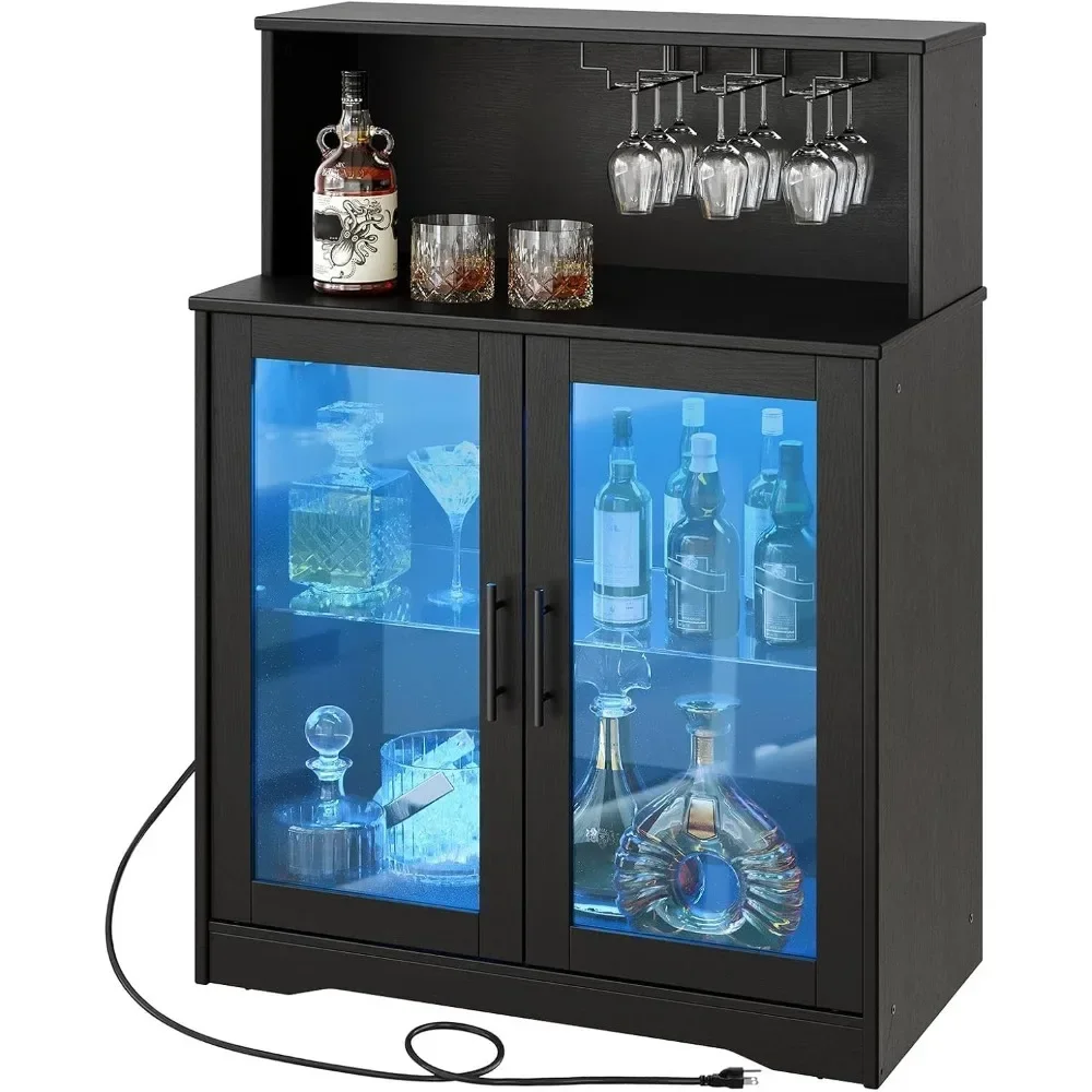 Wine Bar Cabinet with Storage,LED Liquor Cabinet with Power Outlets,Coffee BarCabinet for Liquor and Glasses,Glass Cabinet Doors