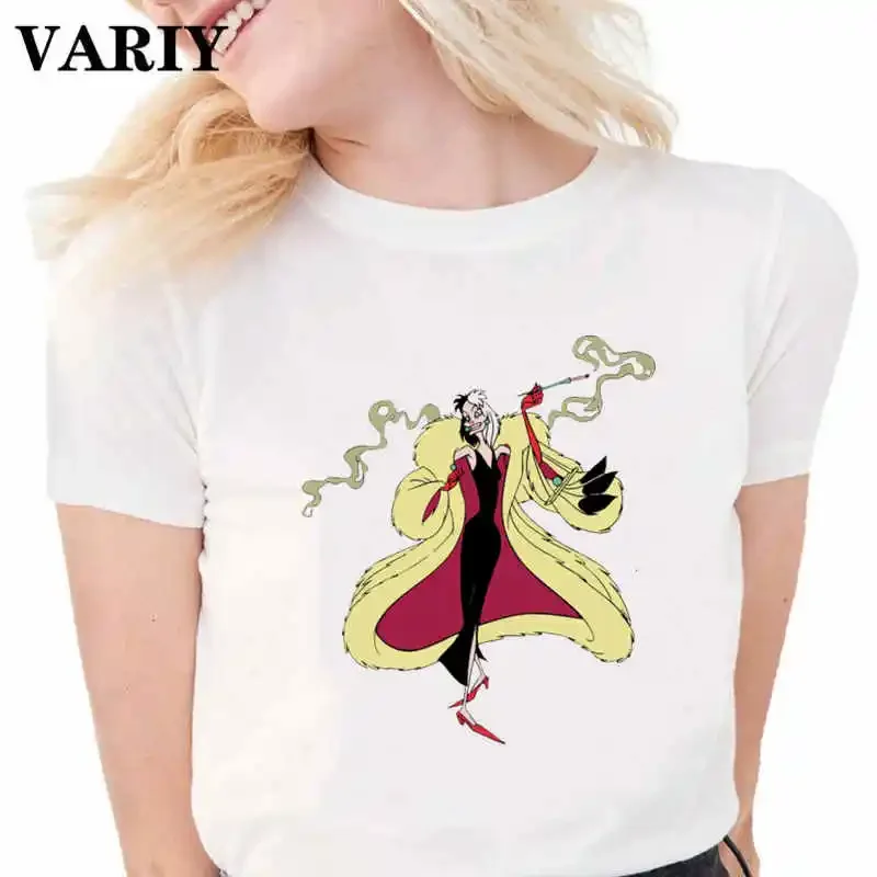 Women Gothic Tops Cruella De Vil T-Shirt Fashion Lady Clothes 101 Dalmatians Graphic Short Sleeved Tees Harajuku Female Tshirt