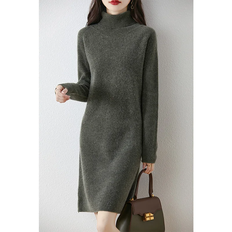 

Autumn and Winter Turtleneck Dress 100% Merino Wool Pullover Warm Dress Thickened Basic Casual Straight Solid Color Dress