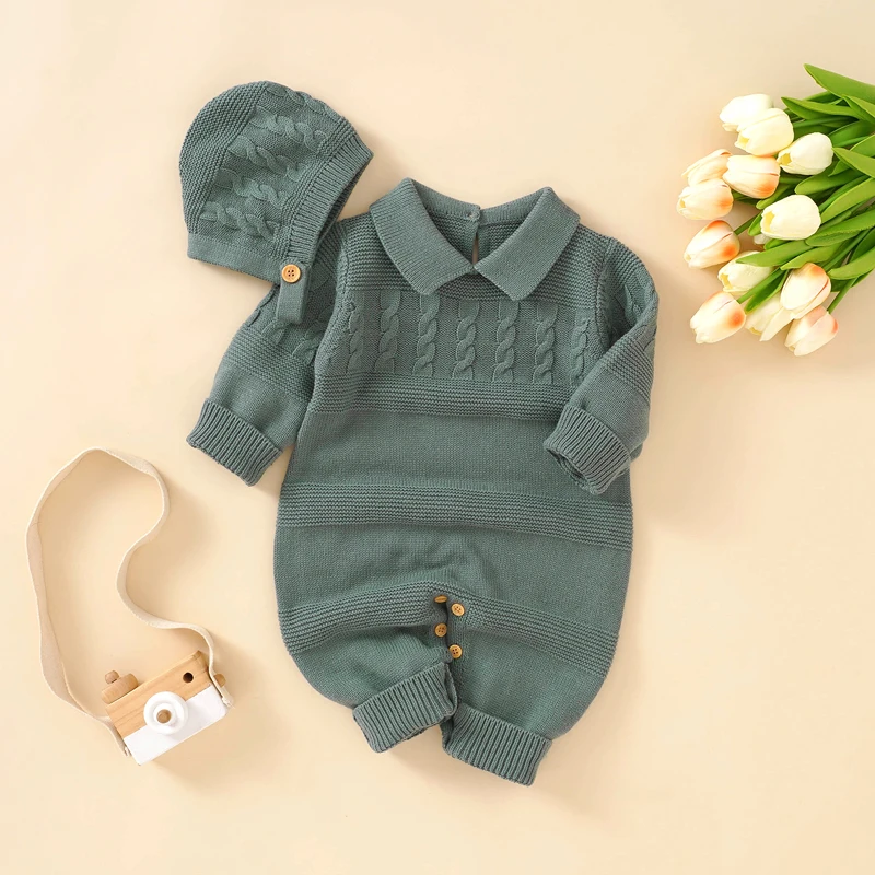 Cotton Baby Rompers Knitted Newborn Boy Girl Jumpsuit Outfits Long Sleeve Autumn Infant Kid Clothes Hat 0-18M 2pcs Fashion Solid