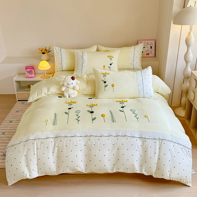

100% Cotton Bedding Set Ins Korean Floral Embroidered Lace Trim Duvet Cover Bed Linen Bed Sheets Set Pillowcase Twin Double Size