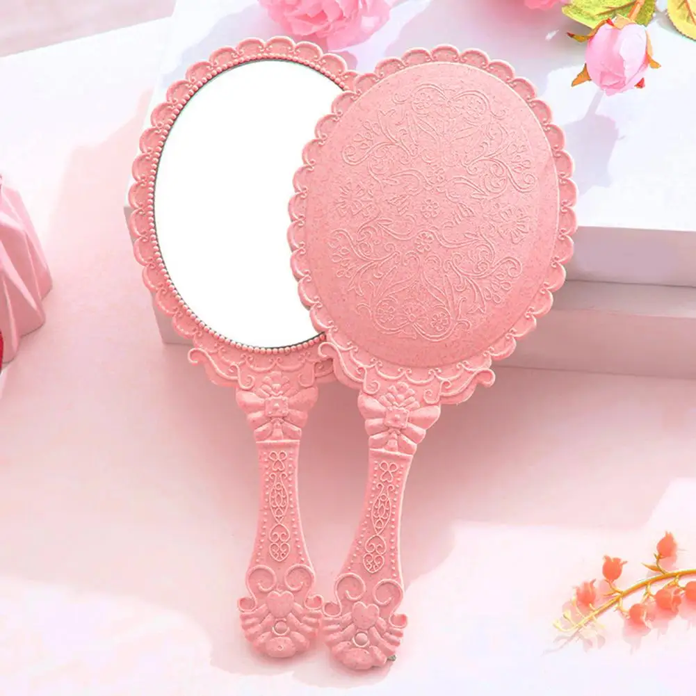 Oval Hand Held Mirror Retro Old Fashion Portable Glass Pattern Hand Held Mirror with Handle for Gift