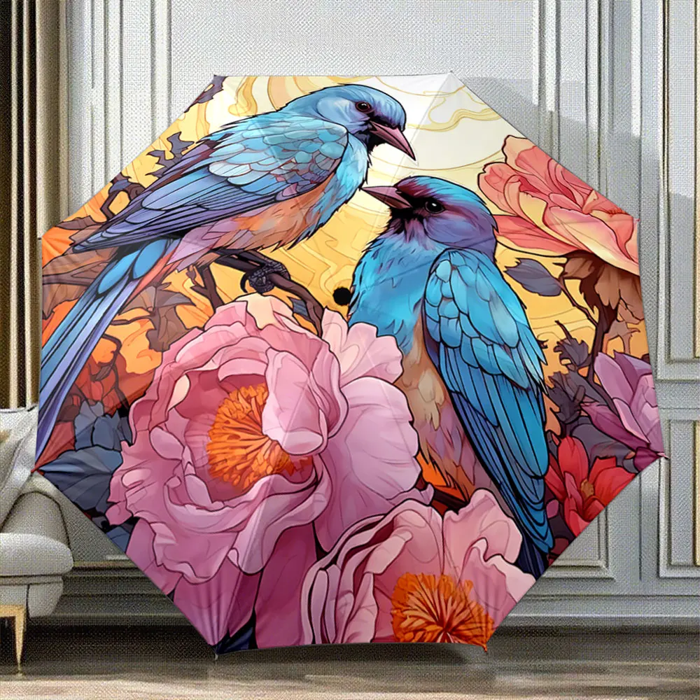 Elegant Blue Birds Amid Blooming Flowers Illustration Portable Folding Umbrella, Gift for Family And Friends