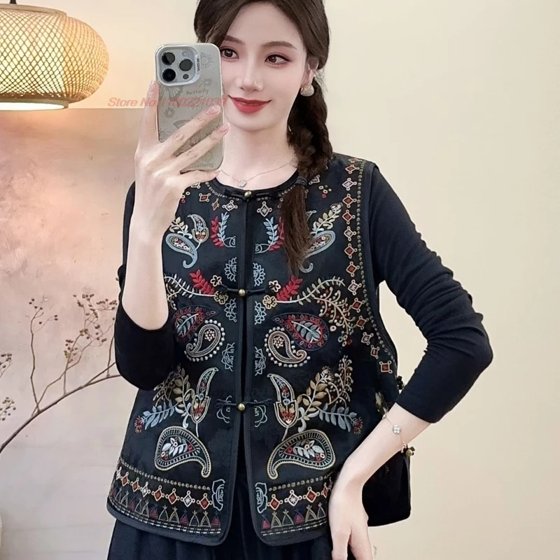 2025 الصينية خمر hanfu القمم الرجعية الساتان الجاكار س الرقبة سترة الوطنية زهرة التطريز جاكيت بلا إكمام سترة الشعبية العرقية #2