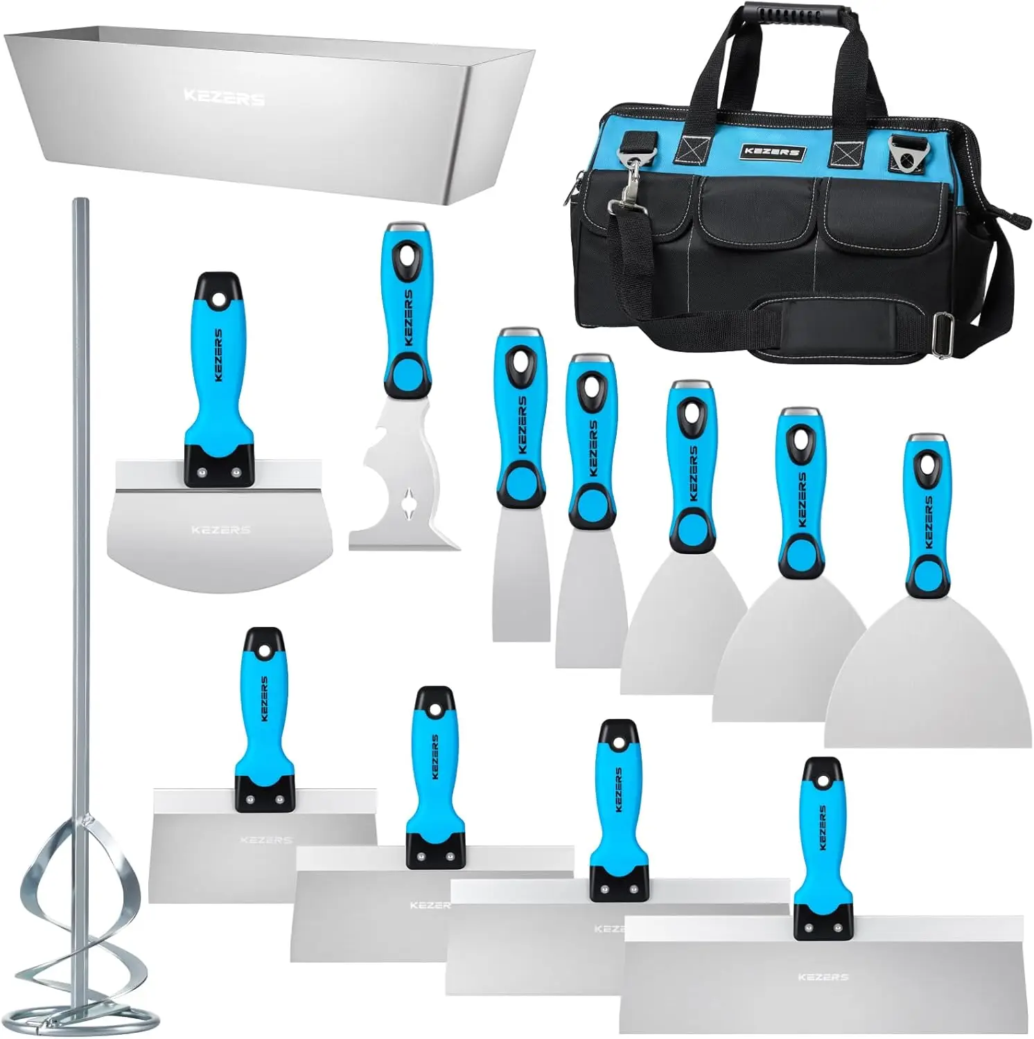 Kit de herramientas manuales para paneles de yeso, 14 piezas de acero inoxidable 1,5" 2" 4" 5" 6", cuchillo para masilla, 8" 10" 12" 14", recipiente para barro de 14",