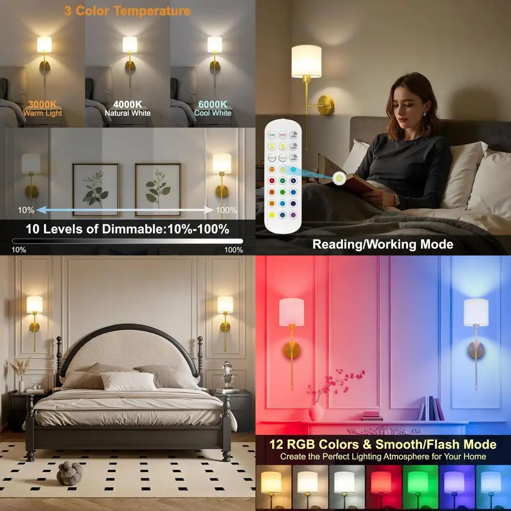 

Набор из 2-х настенных светильников с перезаряжаемыми батареями, 15-цветной регулируемой подсветкой и пультом дистанционного управления, золотистое покрытие для домашнего декора