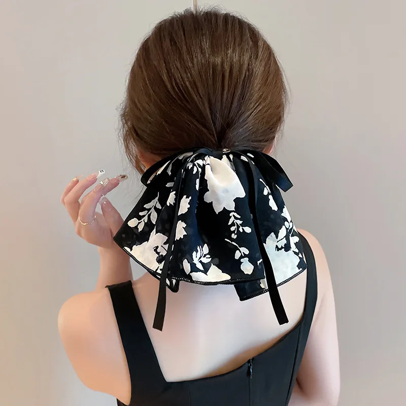 Korean Woman Retro Printing Bowknot Ink hemline Elastics Hair Band Elegant Scrunchies Hair Ties Ponytail Holder Hair Accessories