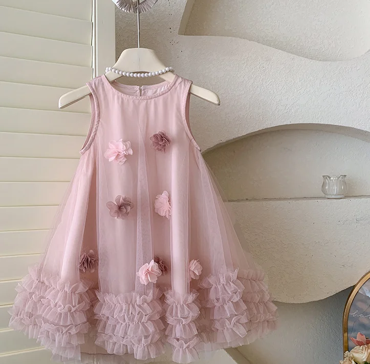 

Новое летнее платье-жилет для девочек с розовым цветочным принтом, модные детские платья для вечеринок в стиле принцессы, размеры 2-8 лет