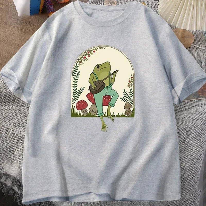 Cute Cottagecore T-shirts Aesthetic Frog Playing Banjo on Mushroom T Shirt Men Summer Cotton Short Sleeve Tee Shirt Mens Clothes