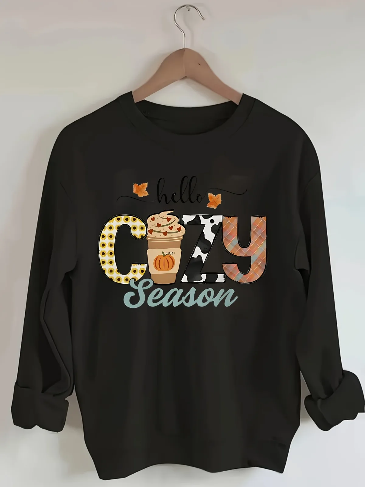 

Женский повседневный толстый теплый мягкий черный пуловер Hello COZY сезон тыква и клетчатая толстовка с буквенным принтом и круглым вырезом