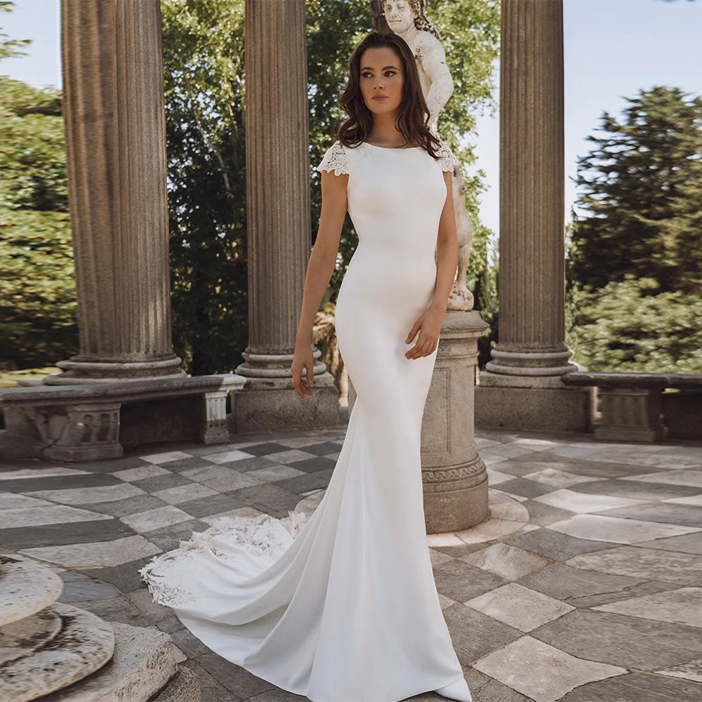 

Высококачественное свадебное платье из джерси, элегантное свадебное платье с круглым вырезом и короткими рукавами по индивидуальному заказу, современное платье русалки с аппликацией, Vestido De Novia