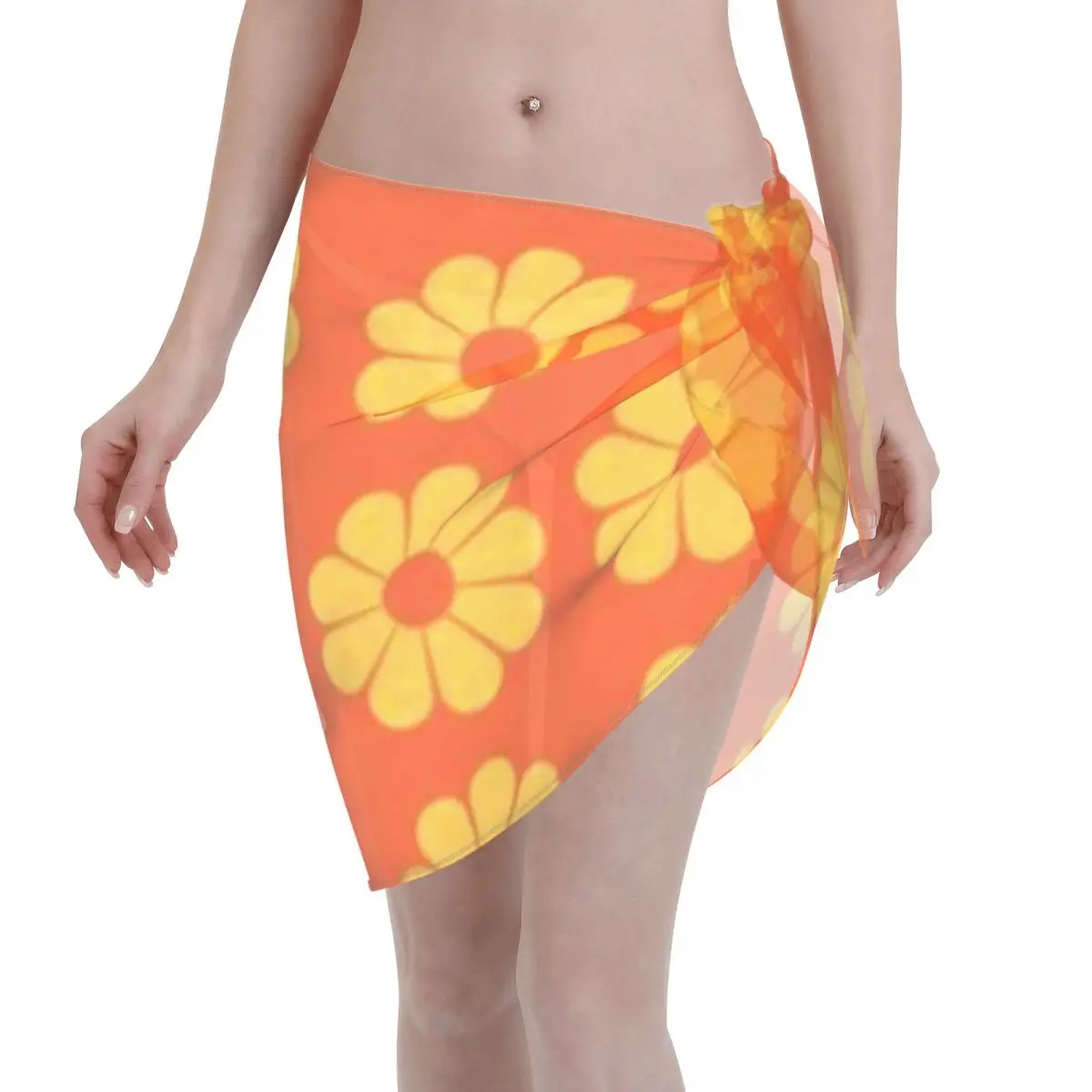 

Promotion Orange Pop Daisy Bold 70s Seamless Floral Pattern Women's Beach Wrap SkirtIndoor Relaxing Beach Skirt