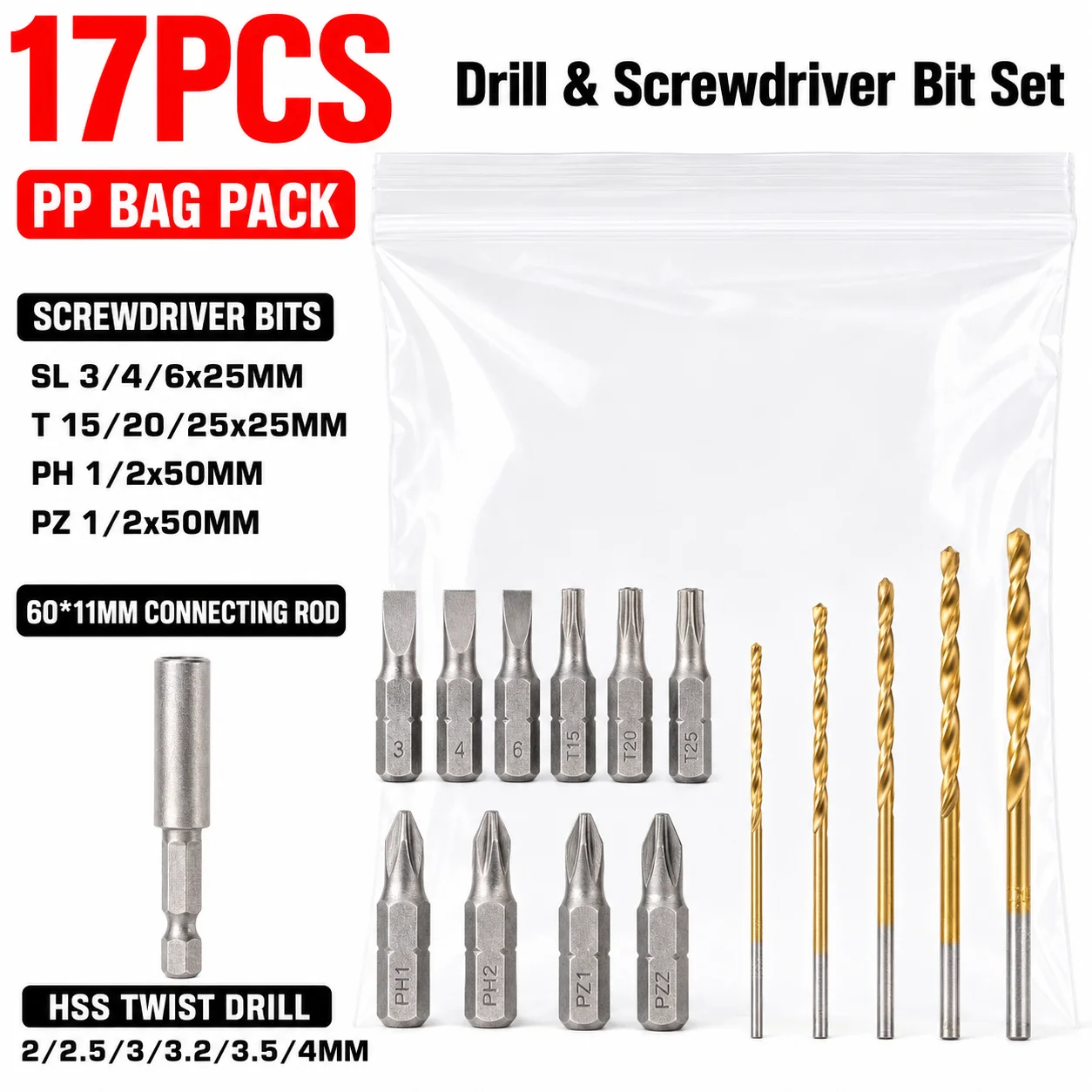 17-Piece Electric Drill Bit Set Ph Pz Torx Flathead Screwdriver Bits 2-4mm High-Speed Steel Twist Drill 1/ 4inch Hex Shank 60*11mm Connecting Rod Household Repair DIY Tools