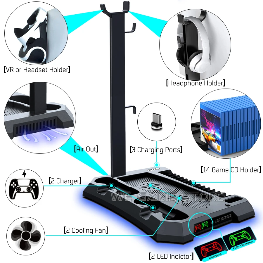 PS5 Video Spiele Lüfter Schreibtisch Stehen Für Playstation 5 Konsole Gaming Zubehör DualSense Controller Ladegerät 14 Disc Halter