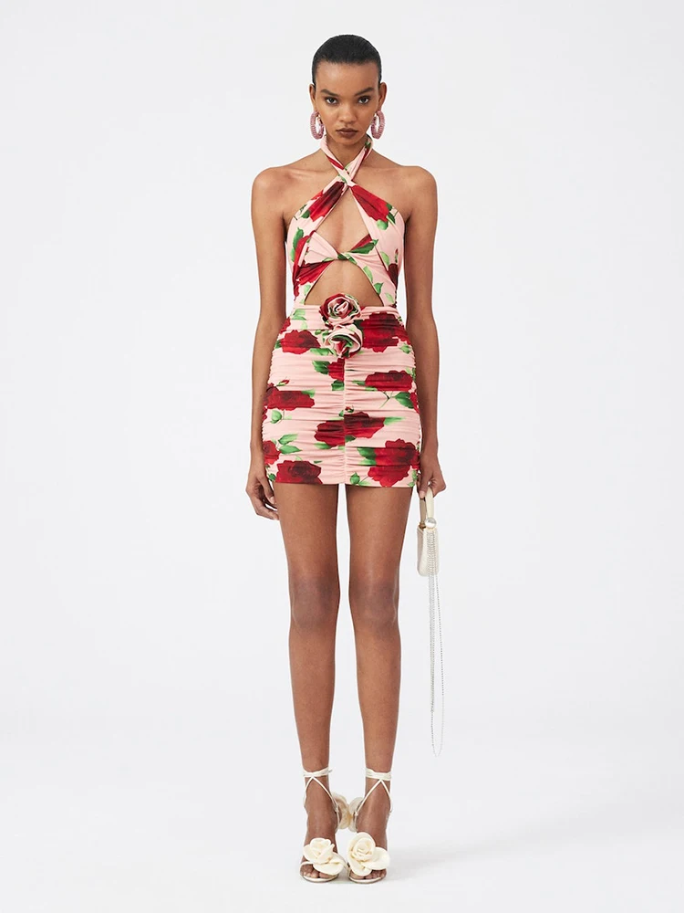 Moda feminina halter pescoço recorte mini vestido negrito vermelho rosa impressão saia franzida design perfeito para festivais de verão festa de praia