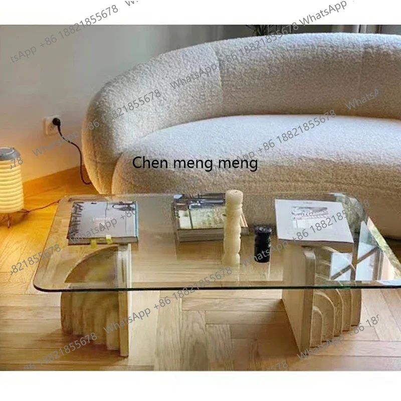 

X Natural travertine coffee table creativity, hotel living room tempered glass light luxury tea table