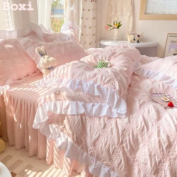 Cute Princess Style Seersucker Bedding Set For Women Cotton Solid Color Ruffle Bed Skirt Sheet Sets King Queen Comforter Cover