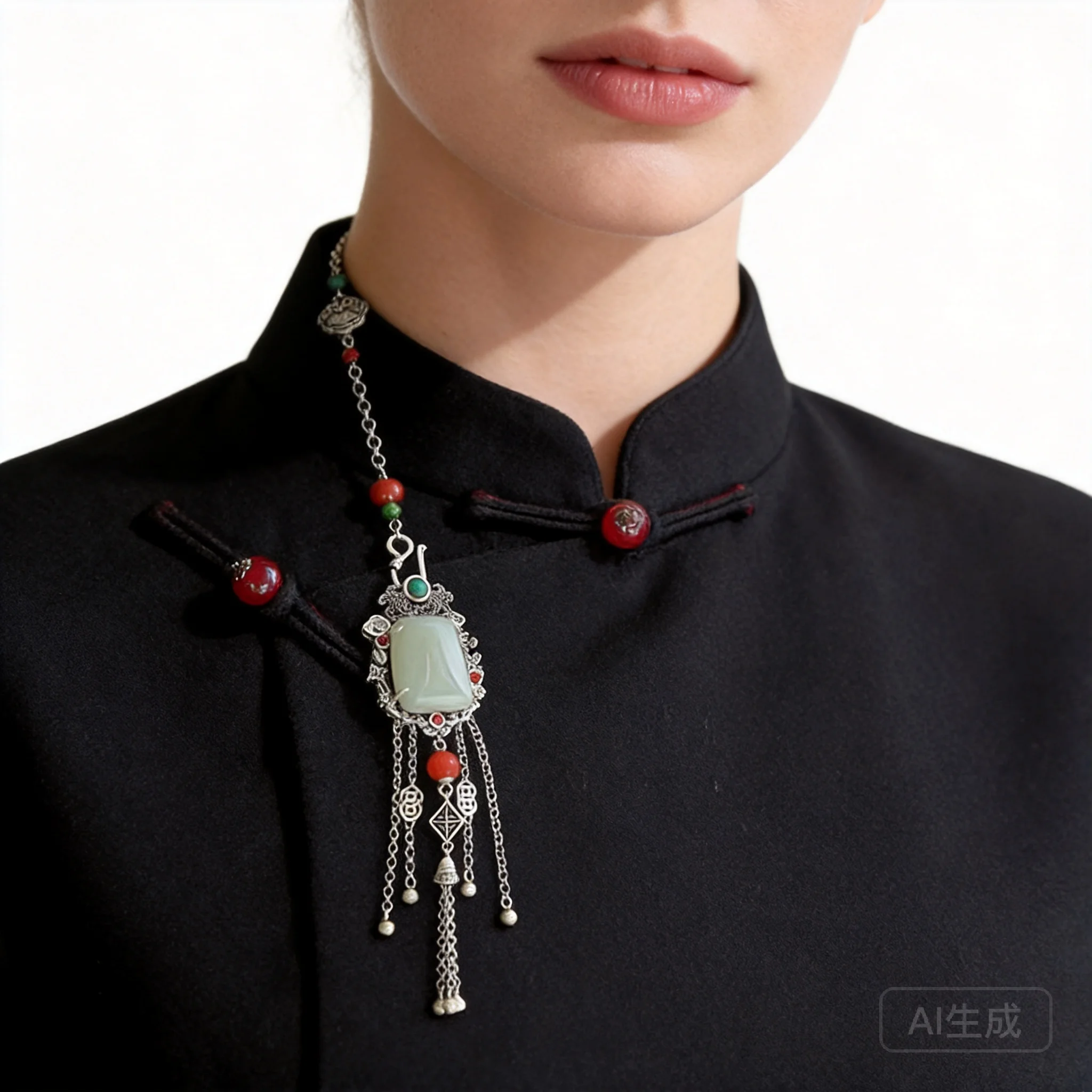 

Chinese Style Retro Auspicious Imitation S925 Silver Hetian Jade Tassel Cheongsam Hanfu Press Lapel Pendant Necklace Blessing