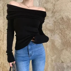 Black Sexy Tops Off Shoulder Long Sleeve T-shirt Women's Solid Elegant Autumn/Winter New Spicy Girl Slim Fit Short Red Crop Top