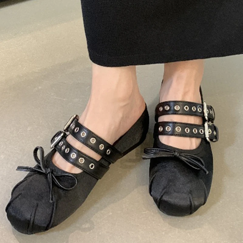 Sutra wanita sandal Wedges sepatu dangkal sutra sepatu Mules sepatu wanita musim panas kupu-kupu Mary Jane wanita sandal