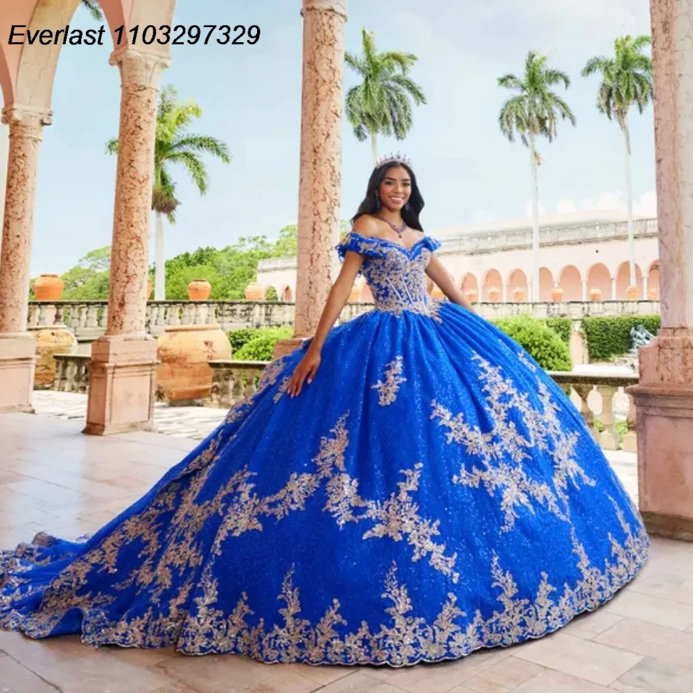 

EVLAST Customized Royal Blue Quinceanera Dress Ball Gown Gold Lace Applique Beading Corset Sweet 16 Vestido De 15 Anos QD1071