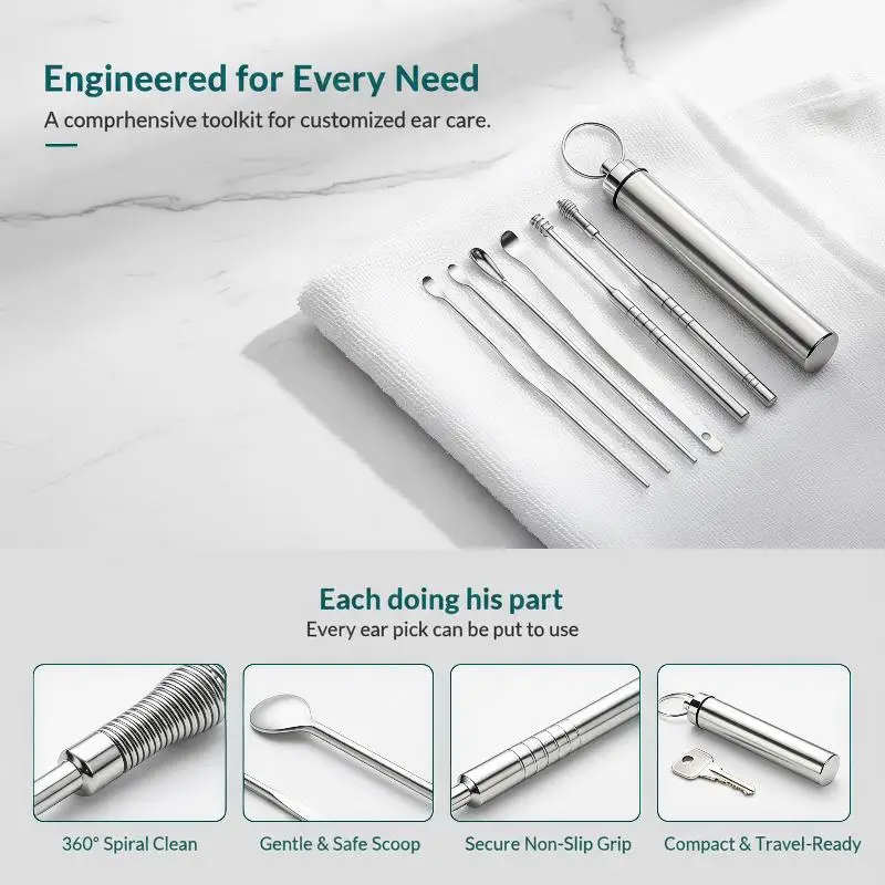 @*6Pcs Durable Stainless Steel Ear Pick Set Portable Reusable Ear Cleaning Tools for Whole Family Ear Care Use