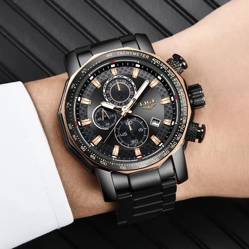 LIGE Big Dial Mens Watches Sports Chronograph Quartz Wristwatch Top Brand Luxury Full Steel Waterproof Watch Relogio Masculino