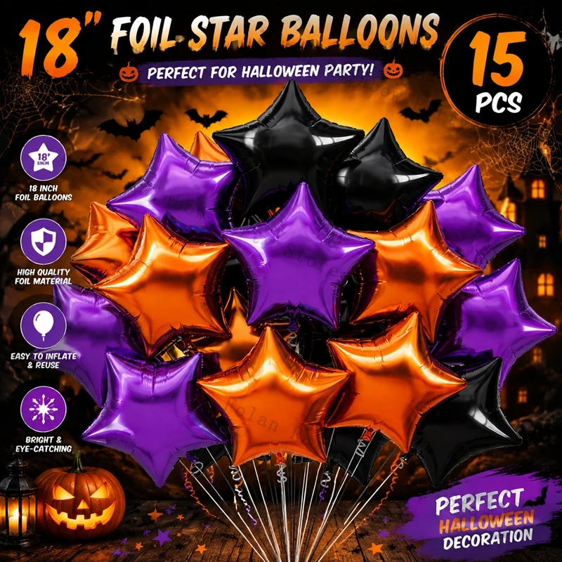 Halloween 18 Zoll Stern-Folienballons Schwarz Orange Lila Metallischer Sternballon Halloween-Party-Dekorationen Zubehör