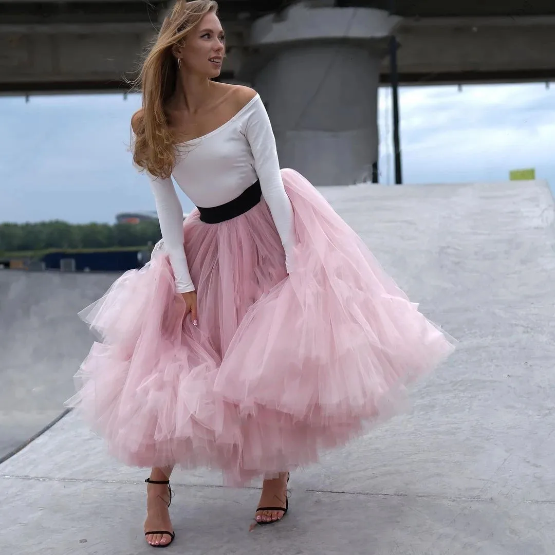 Modest Pincess Pink Tutu Skirt Extra Lush Tulle Ankle Length Evening Party Skirts for Woman Ruffles Tulle Long Skirt Custom Made