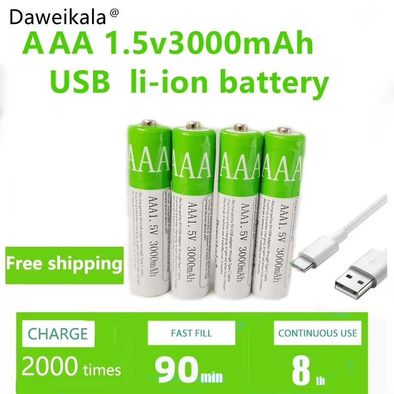 New2024 akumulator USB AAA 1.5V 3000 MAh akumulator litowo-jonowy do zdalnego sterowania zabawka MouseElectric + kabel typu C