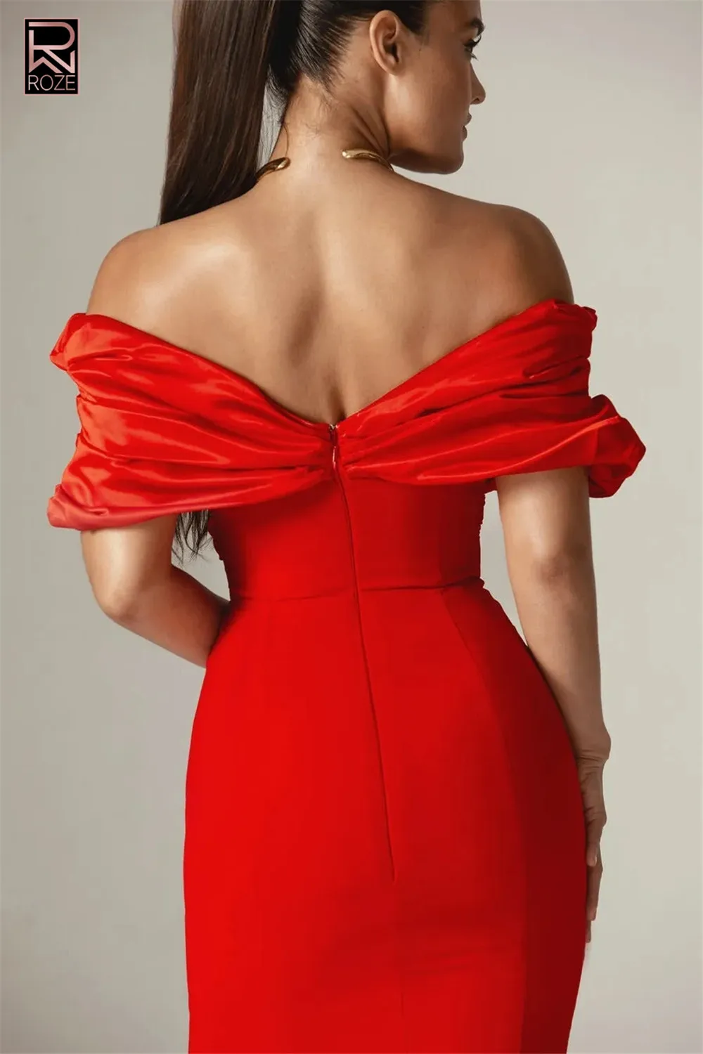 レディース高級レッドプロムガウン エレガントなオフショルダーVネックオープンレッグマキシロング ソフトで快適なワンピース セレブリティイブニングガウン