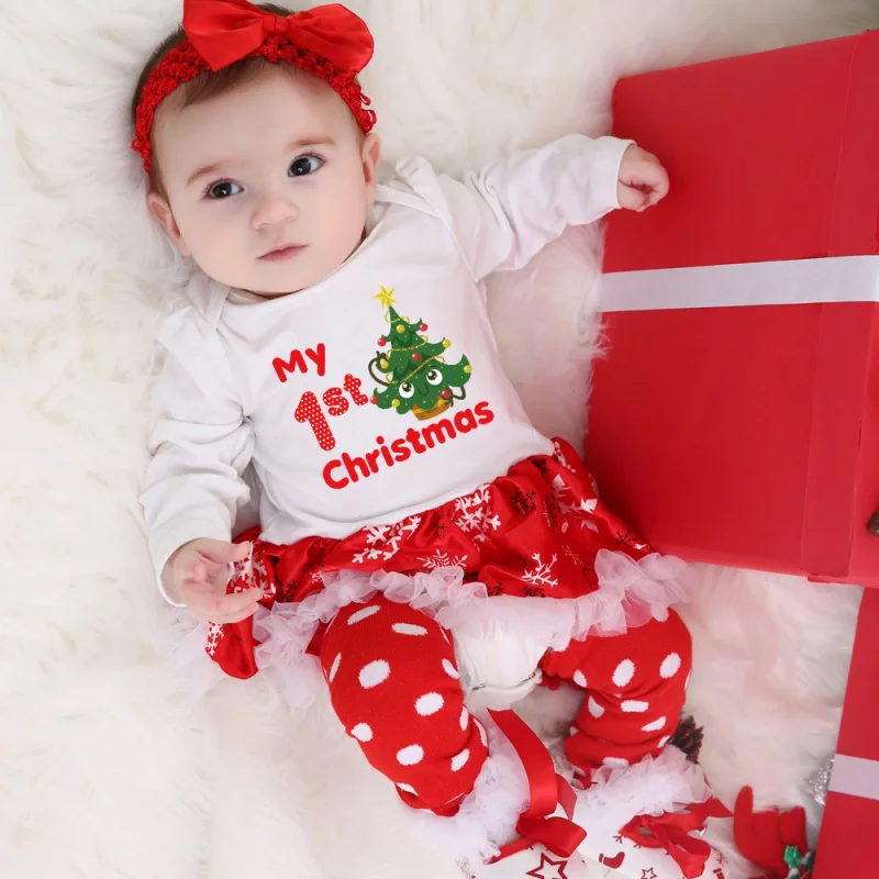 

Infant Autumn Winter Christmas Baby Outfit Girl Long Sleeve Romper Dress Cartoon Jumpsuit Shoes Socks4Set
