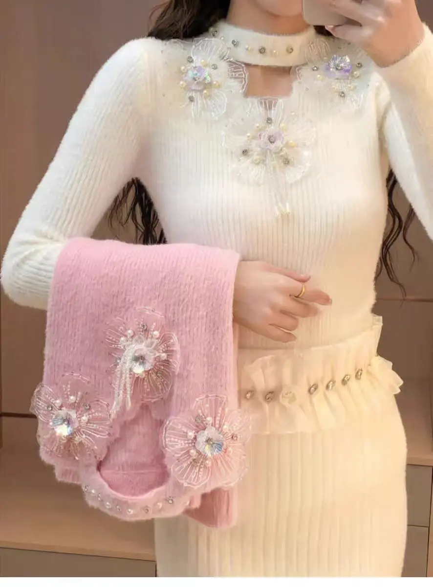New In Autumn Winter High-end Diamonds 3D Flowers Stitch Sweater Women\'s Knitwear Pullover Knitted Slim Fit Tops Female Clothing