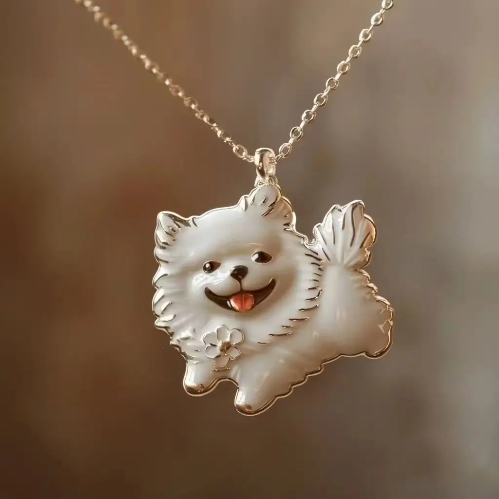 Newly Arrived Jewelry White Drip Glue Cute Pomeranian Dog Pendant Necklace UNISEX Fun Party Jewelry Necklace