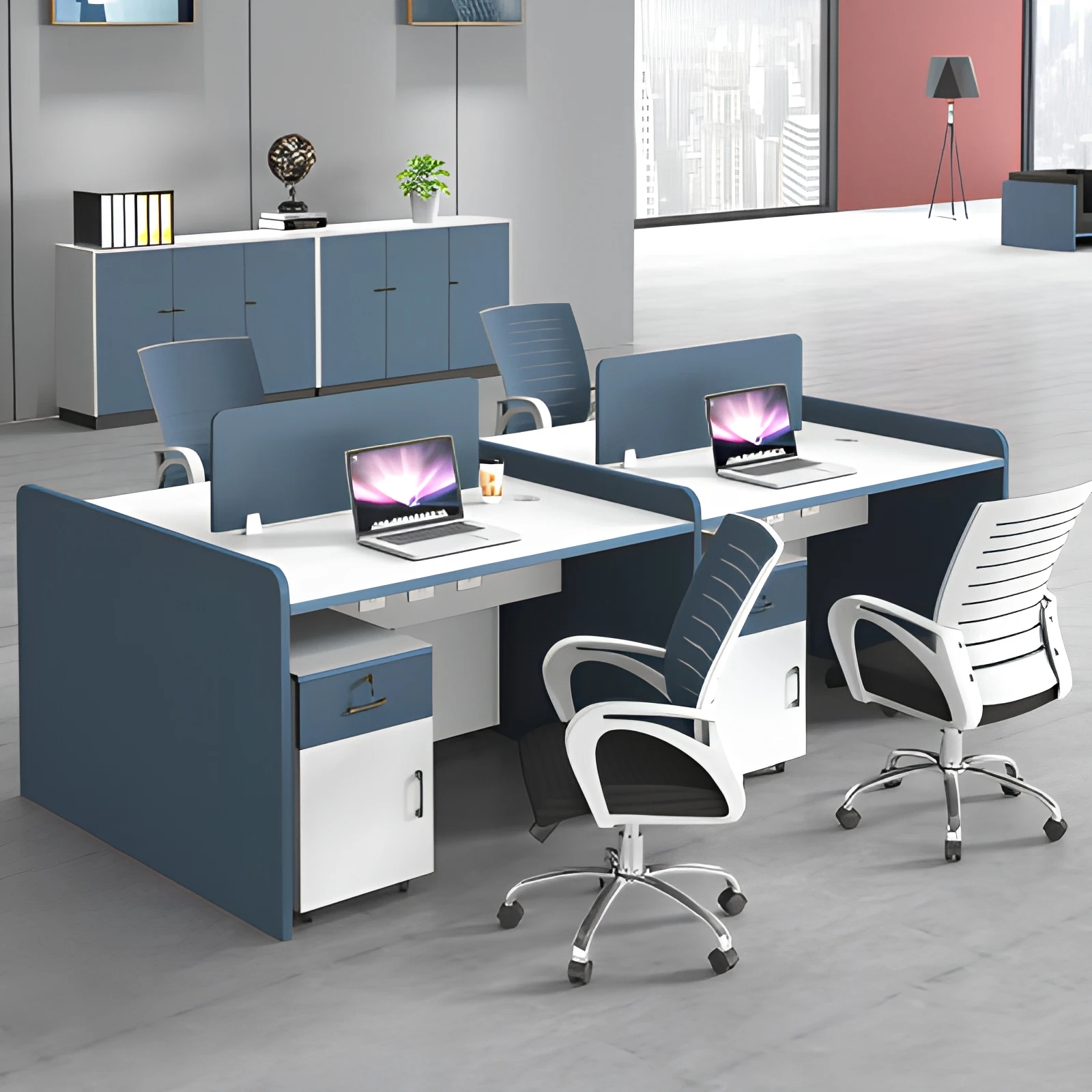 #Office Desk with 2/4/6 Workstations Partition Screens Cubicle Desk and Chair Set Simple Modern Style Wood Removable/Detachable