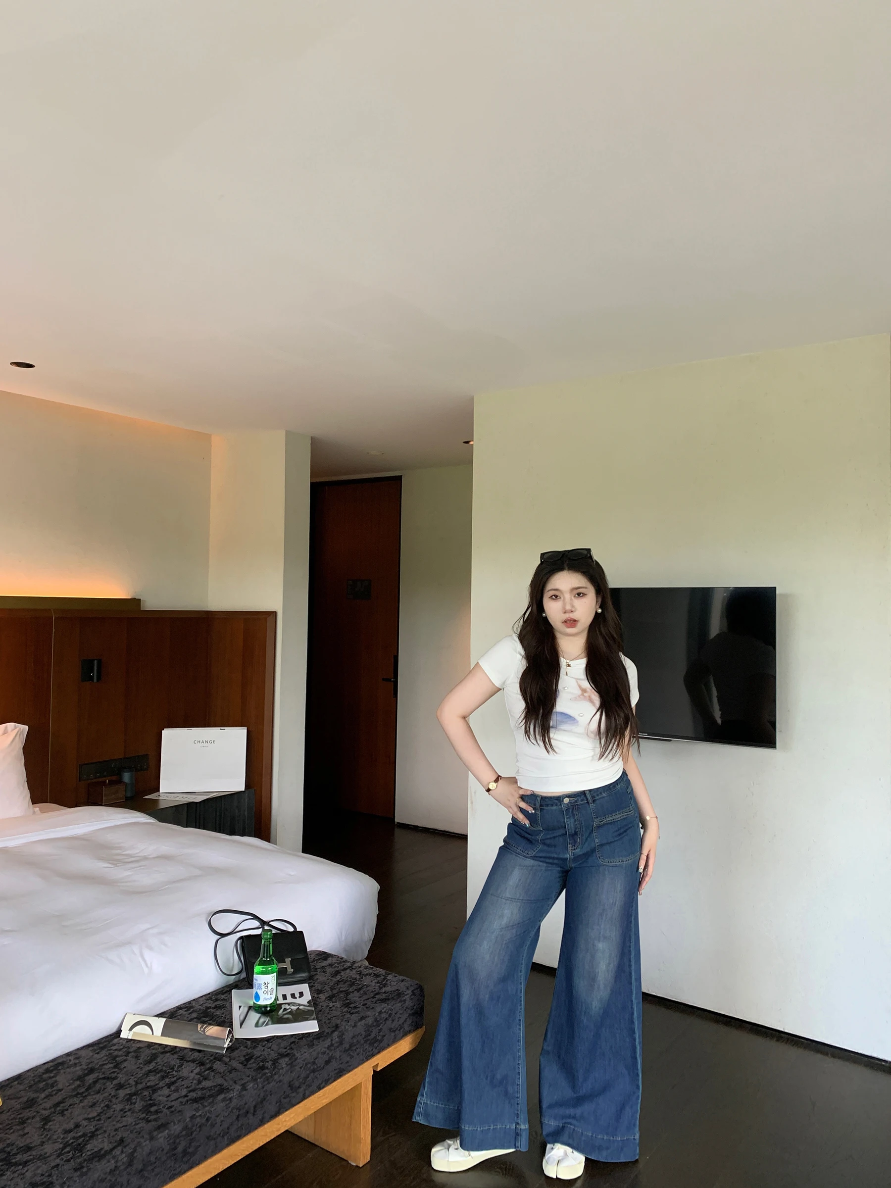 

Ультратонкие, ультрамягкие широкие джинсы с высокой талией, эластичные, больших размеров, летние, для отпуска, джинсовые брюки M5T6 Micro Plump French Vaion