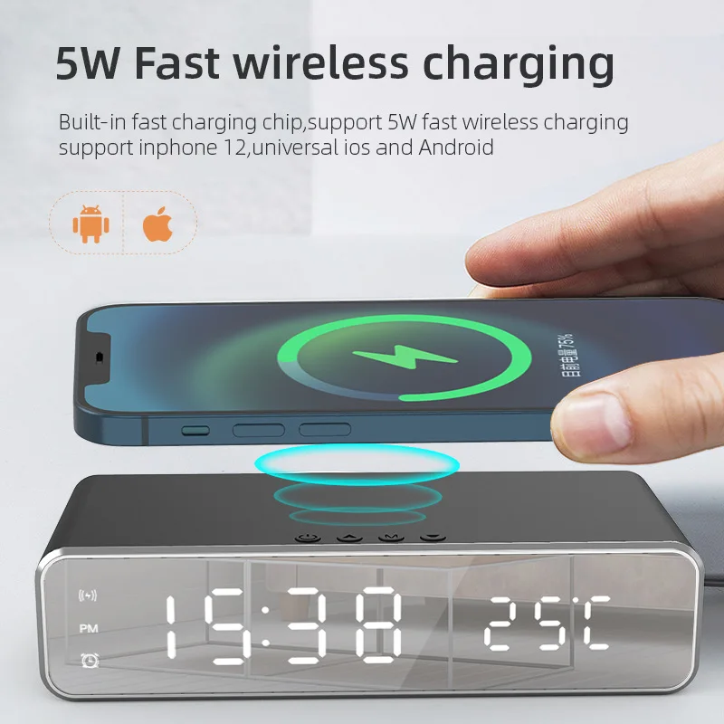 Wireless Charger Alarm Clock LED Digital Watch Table Thermometer Electronic Desktop Clocks Wake Up FM Radio Time Fast Charger