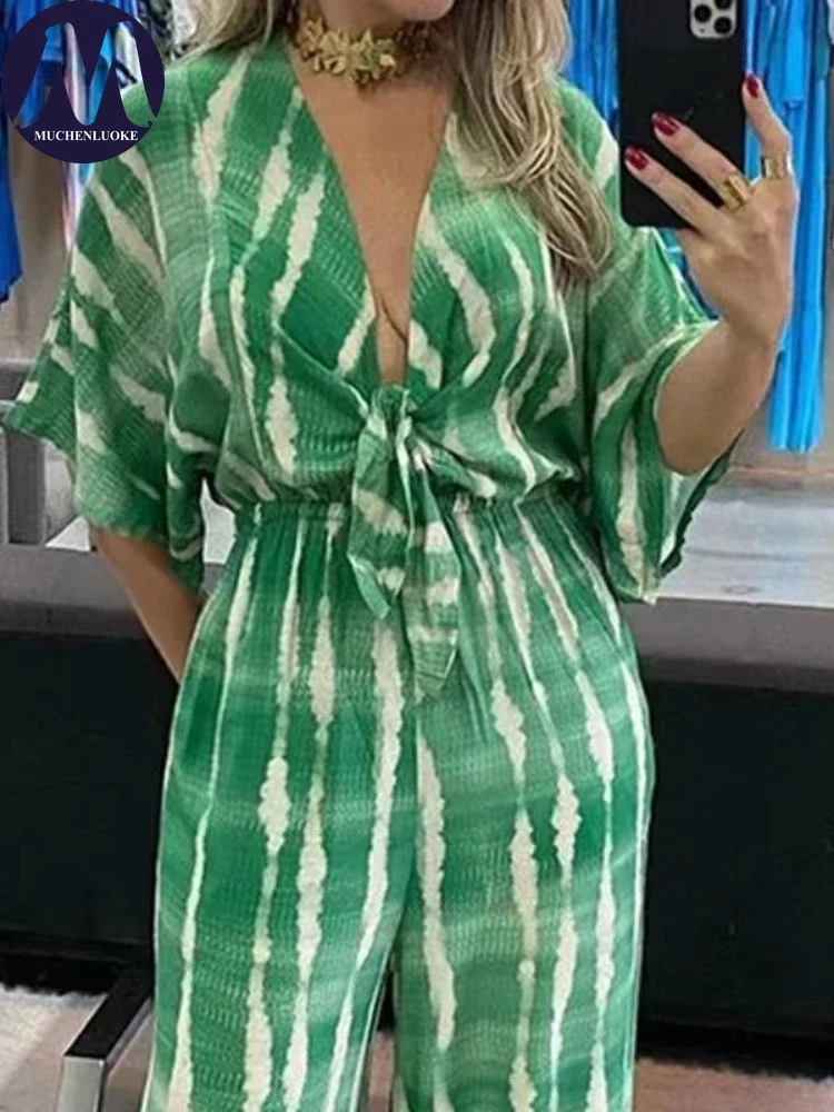 여성용 루즈한 하이 웨이스트 레이스 업 점프수트, 프린트 쿼터 슬리브, V 넥 점프수트, 캐주얼, 여름, 신상품, 패셔너블