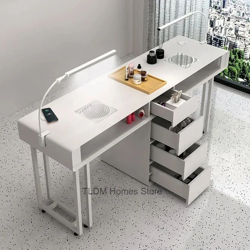 Table de manucure simple et Double moderne avec tiroirs, ensemble Table et chaise pour ongles de Style crème, Table de luxe légère pour magasin de manucure