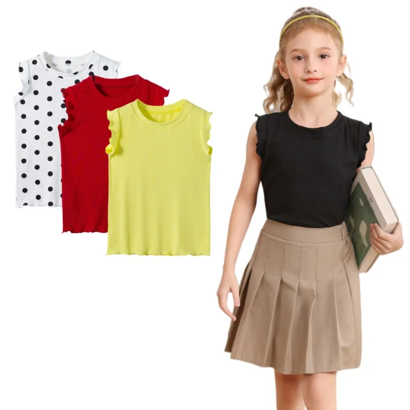 

Girls Summer Polka Dot Sleeveless Tops Korean Style Ruffle Trim Tank Shirts Breathable Casual Dance All-Match Tees for Kids Girl