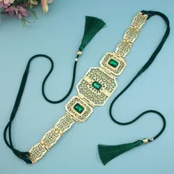 Sunspicems Gold Color Moroccan Caftan Belt For Women Metal Waist Chain Hand Rope Tassels Crystal Arabian Bridal Party Jewelry