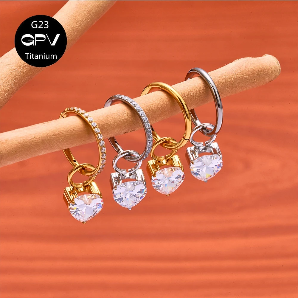 G23 F136 Titanium Closed Loop Earrings Water Drop Heart Pendant DIY Men's and Women's Perforated Jewelry Nose Ring