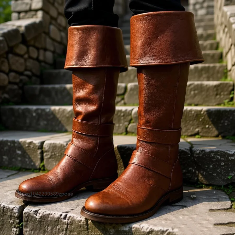 Vintage Pirate Fold Over Cuff Knee High Boots Medieval Renaissance Cosplay Cowboy Shoes Halloween Party Stage Dress Up Bootes 5